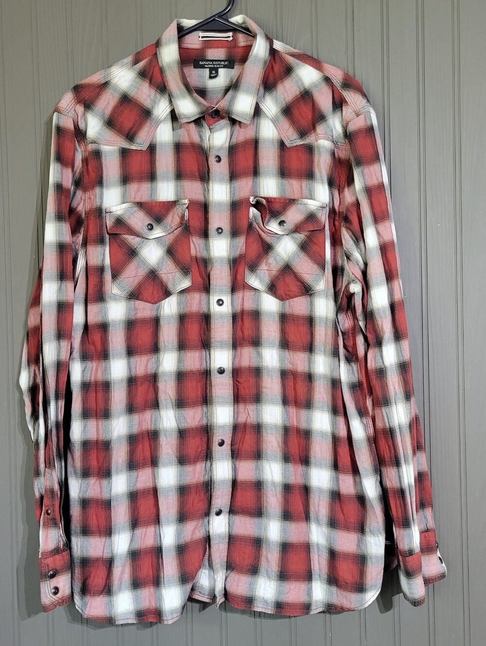 Banana Republic Pearl Snap Button Down Shirt Tailored Slim Fit Plaid Red Mens XL